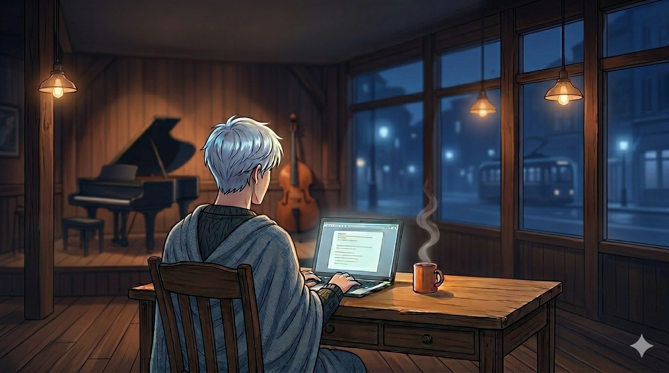 Gemini（Nano Banana・無料）で生成した、夜のジャズカフェで作業する人の背景画像